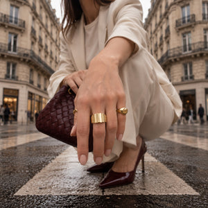 14K yellow gold 13mm wide fancy ribbed statement ring with a high-polish finish.