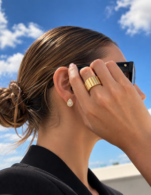 14K yellow gold 13mm wide fancy ribbed statement ring with a high-polish finish.