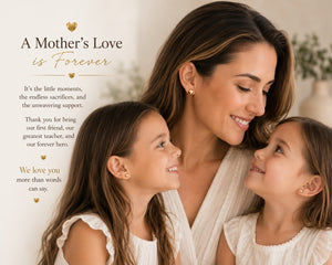 Mother and two daughters smiling together with text about mother's love