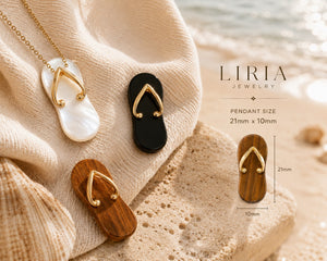 Jewelry pendants shaped like flip-flops on a textured surface with 'LIRIA' branding.