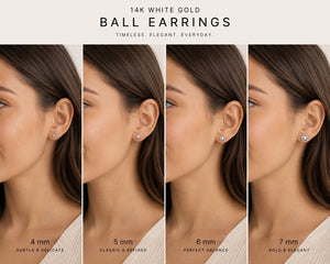 Comparison of 14K white gold ball earrings on different ear sizes.