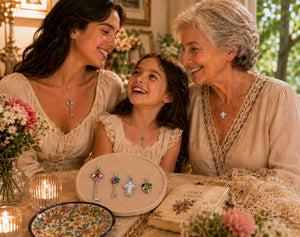 Three generations of women smiling together with jewelry on a table.