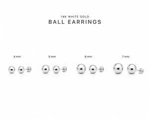 14k white gold ball earrings in various sizes on a white background