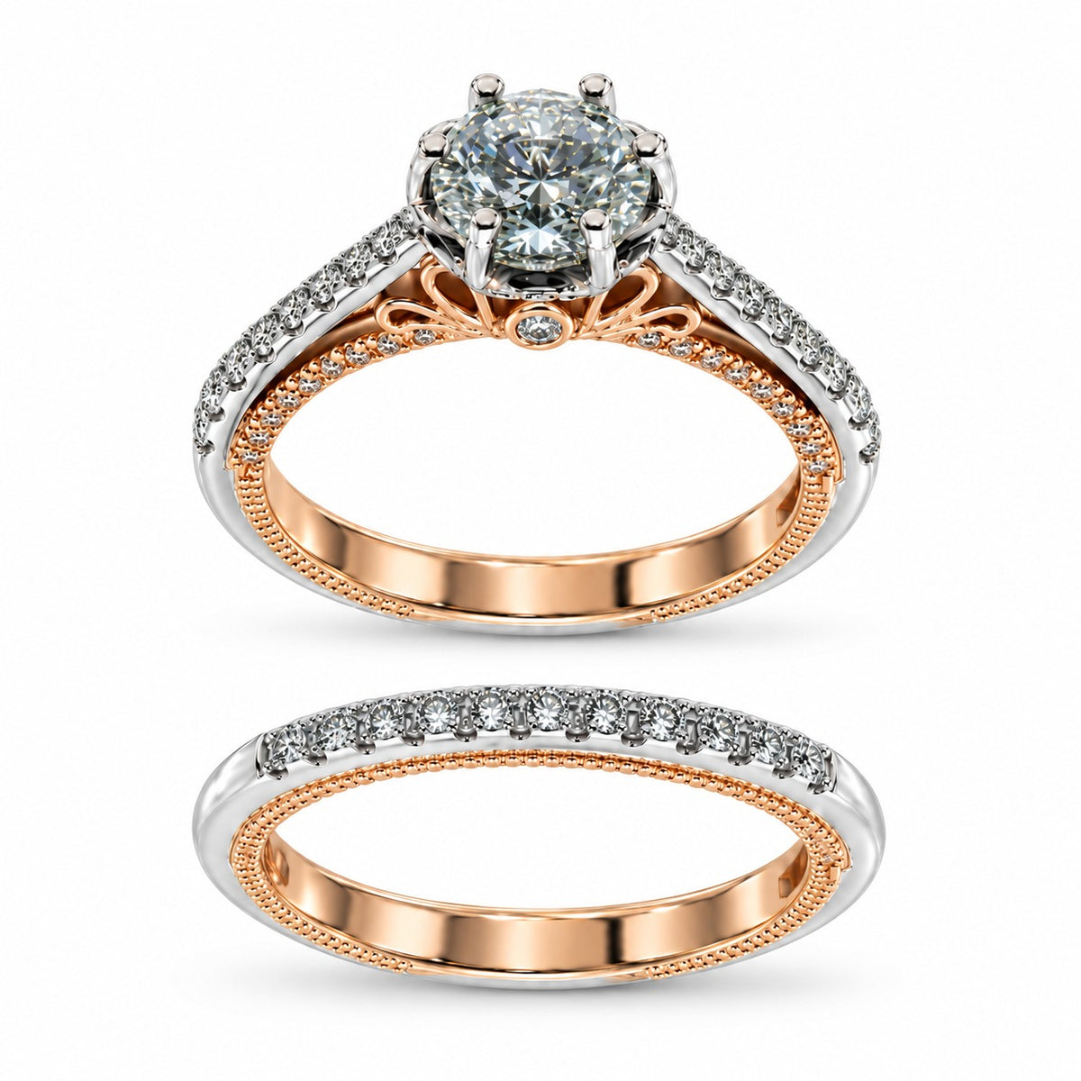 A diamond engagement ring and matching diamond wedding band shown on a white background. The ring features a round-cut diamond center stone in a prong setting with a rose gold and white gold band accented by pavé diamonds.
