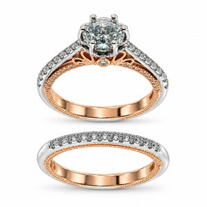 A diamond engagement ring and matching diamond wedding band shown on a white background. The ring features a round-cut diamond center stone in a prong setting with a rose gold and white gold band accented by pavé diamonds.