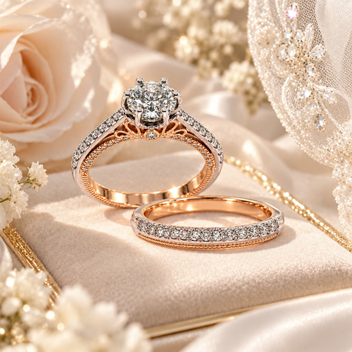 A rose gold engagement ring with a large round-cut center stone and pavé-set diamonds, displayed alongside a matching rose gold wedding band on a cream satin ring box with white roses and lace.