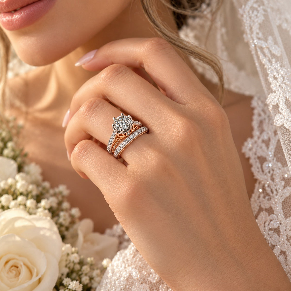 A close-up lifestyle shot of a woman's hand wearing a rose gold and white gold engagement ring with a diamond flower center, set against a soft background of white lace and roses.