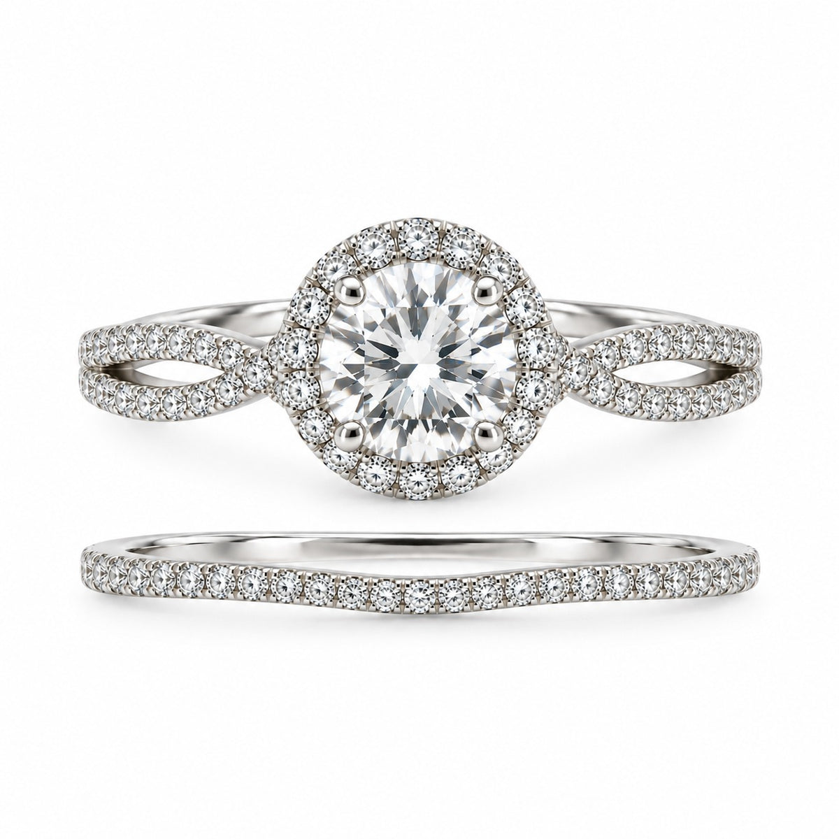 14K white gold halo engagement ring featuring a round brilliant-cut lab-grown center diamond, sparkling pavé diamond accents, and an elegant split-shank design, displayed on a clean white background.