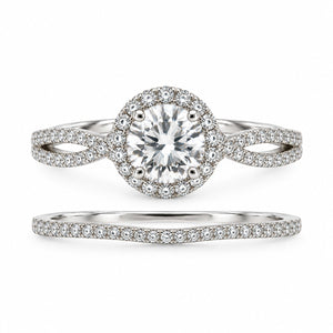 14K white gold halo engagement ring featuring a round brilliant-cut lab-grown center diamond, sparkling pavé diamond accents, and an elegant split-shank design, displayed on a clean white background.
