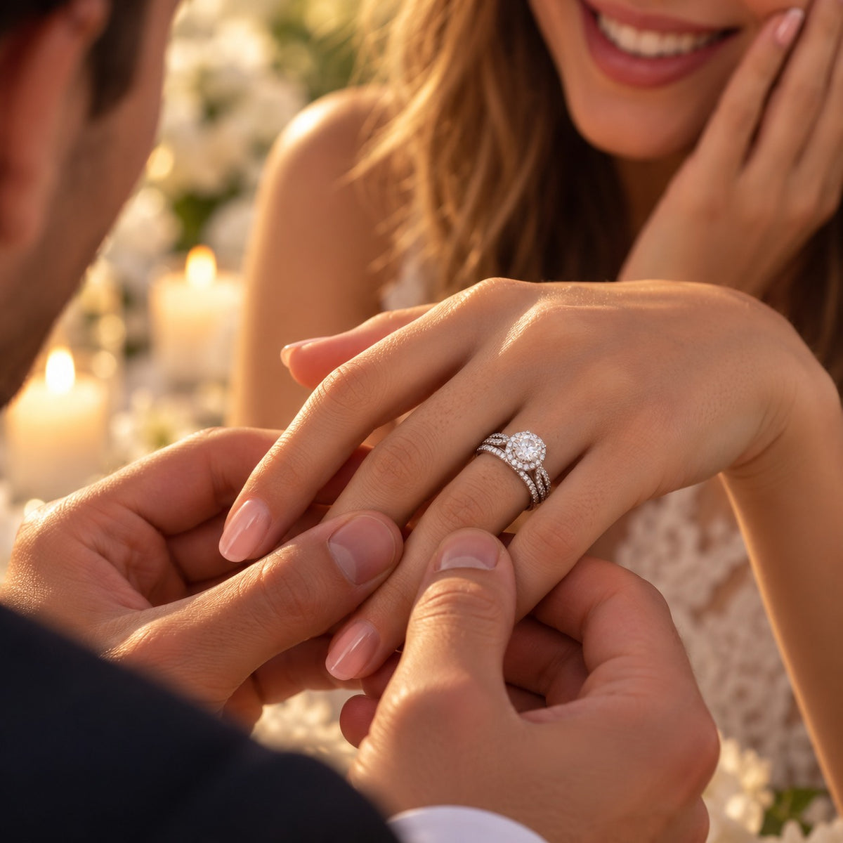 14K white gold halo engagement ring featuring a round brilliant-cut lab-grown center diamond, sparkling pavé diamond accents, and an elegant split-shank design, displayed on a clean white background.