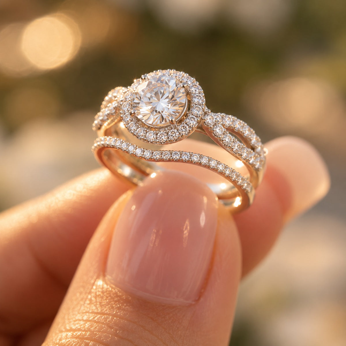 14K white gold halo engagement ring featuring a round brilliant-cut lab-grown center diamond, sparkling pavé diamond accents, and an elegant split-shank design, displayed on a clean white background.