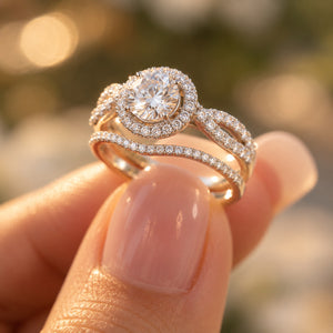 14K white gold halo engagement ring featuring a round brilliant-cut lab-grown center diamond, sparkling pavé diamond accents, and an elegant split-shank design, displayed on a clean white background.