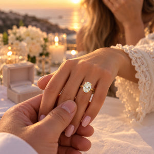 A close-up lifestyle shot of a woman's hand wearing a gold ring with a round brilliant-cut diamond, held by a man's hand in a romantic outdoor setting at sunset with candles and flowers.