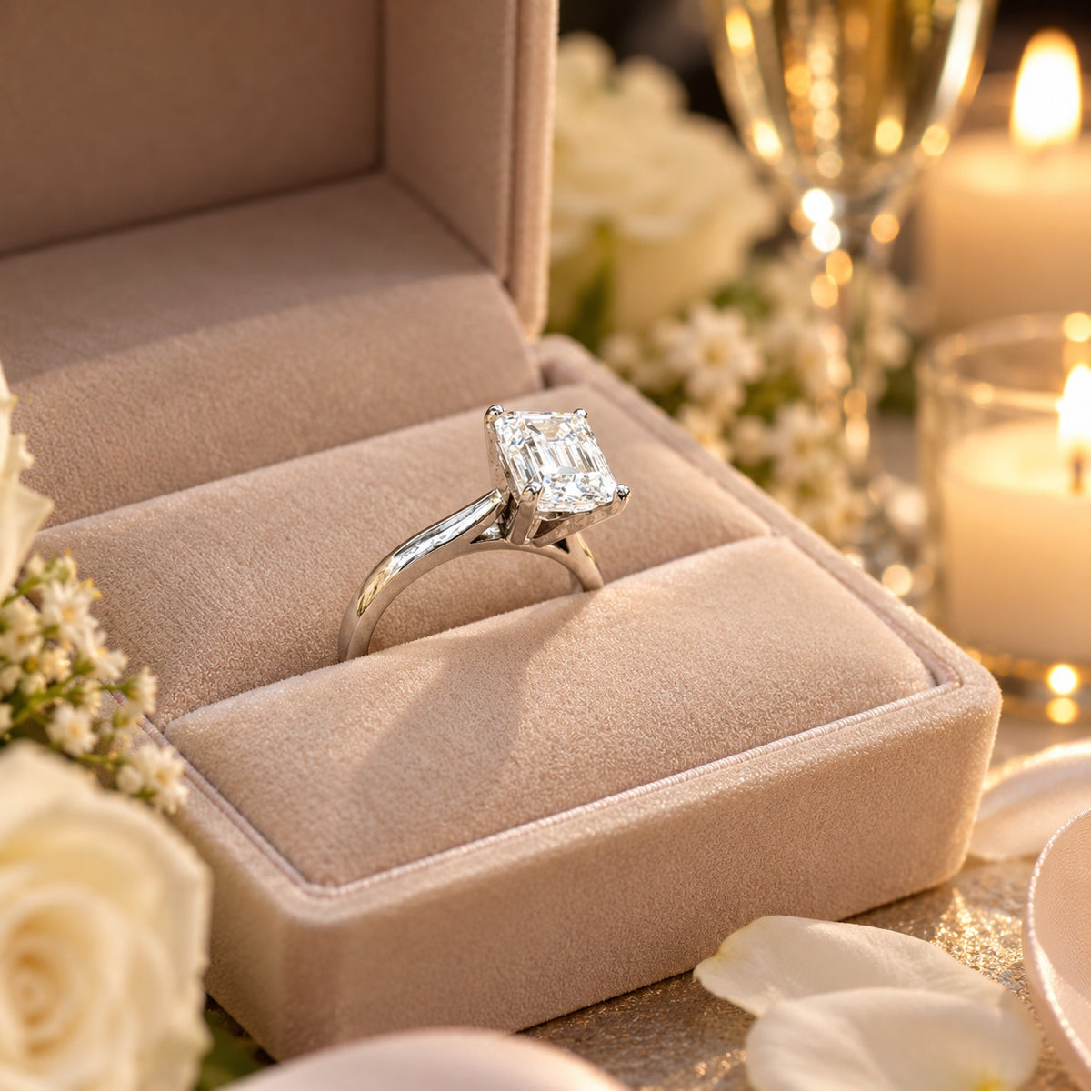 A diamond engagement ring with a rectangular princess-cut setting and a polished silver-colored band, displayed in an open blush pink velvet ring box. The box is set against a romantic background with lit candles, champagne glasses, and white roses.