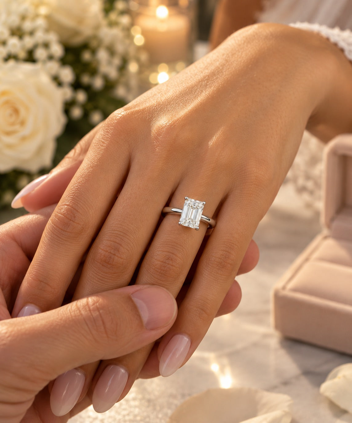 A close-up lifestyle shot of a silver ring with a rectangular emerald-cut clear gemstone worn on a hand, held gently by another person's hand in a softly lit, romantic setting with white roses and a ring box in the background.