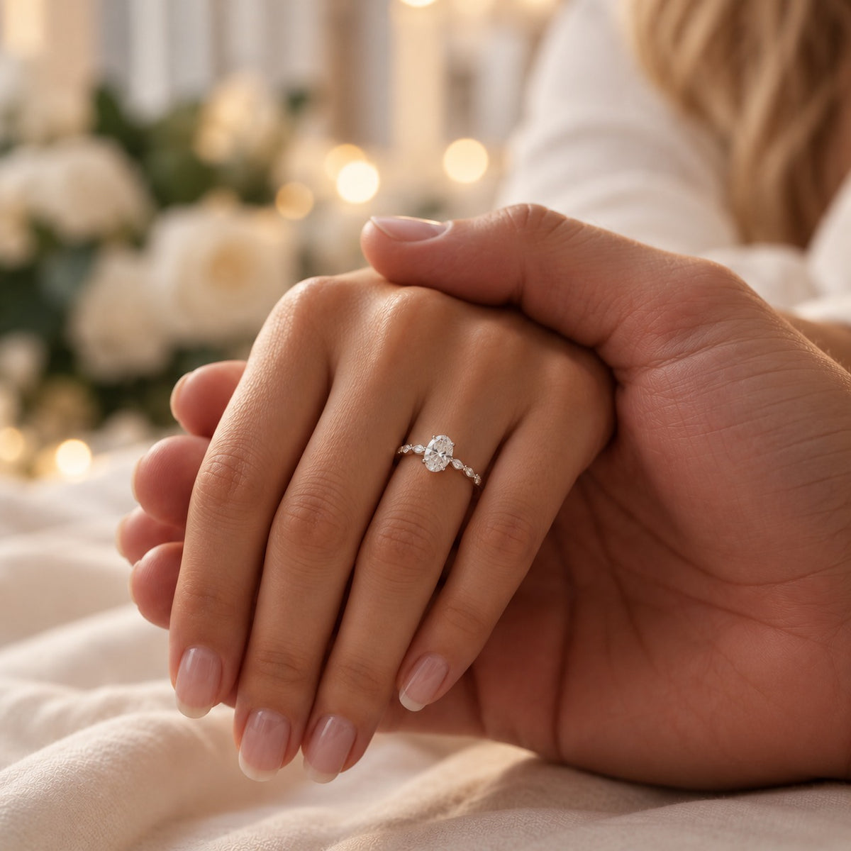 A close-up lifestyle shot of a delicate silver band ring with a round-cut clear gemstone, worn on a woman's finger as she holds hands with another person in a softly lit, romantic setting.