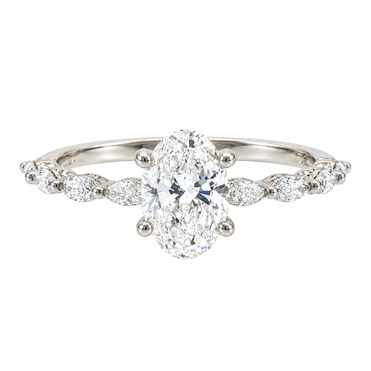 An oval diamond engagement ring with a brilliant center stone and marquise-cut side stones on a polished silver-colored band, set against a plain white background.