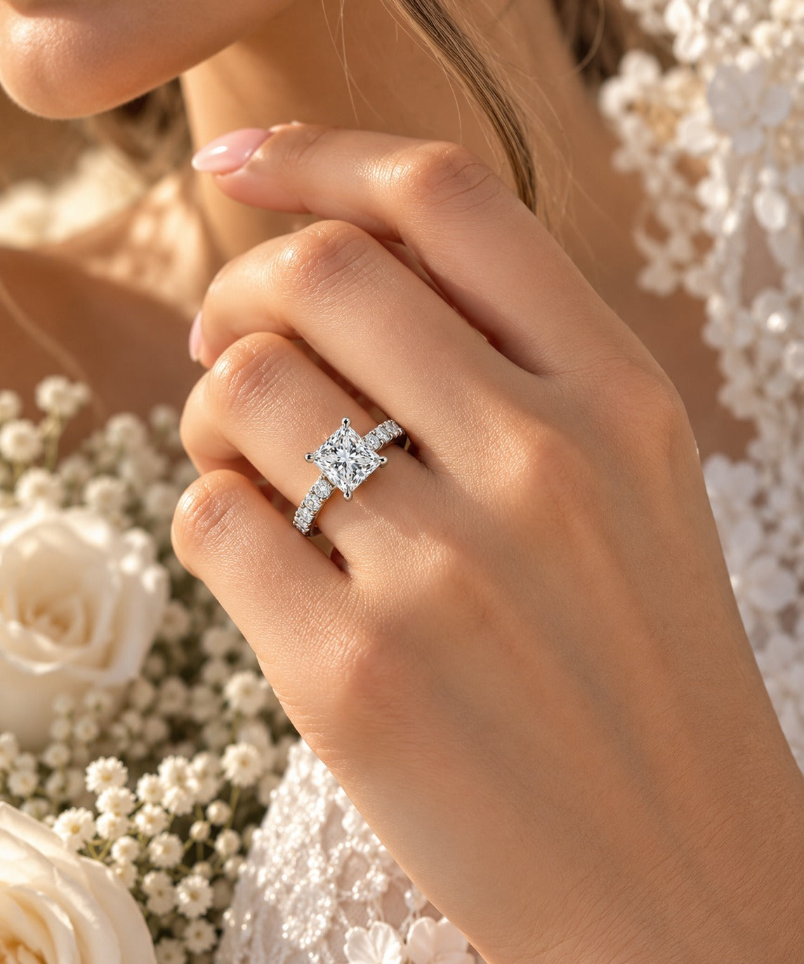 An engagement ring featuring a brilliant round-cut diamond center stone in a four-prong setting, with a pavé band set with small round diamonds