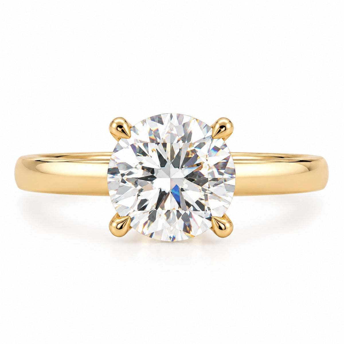 A classic solitaire engagement ring featuring a round brilliant-cut diamond set in a polished yellow gold four-prong setting, on a clean white background.