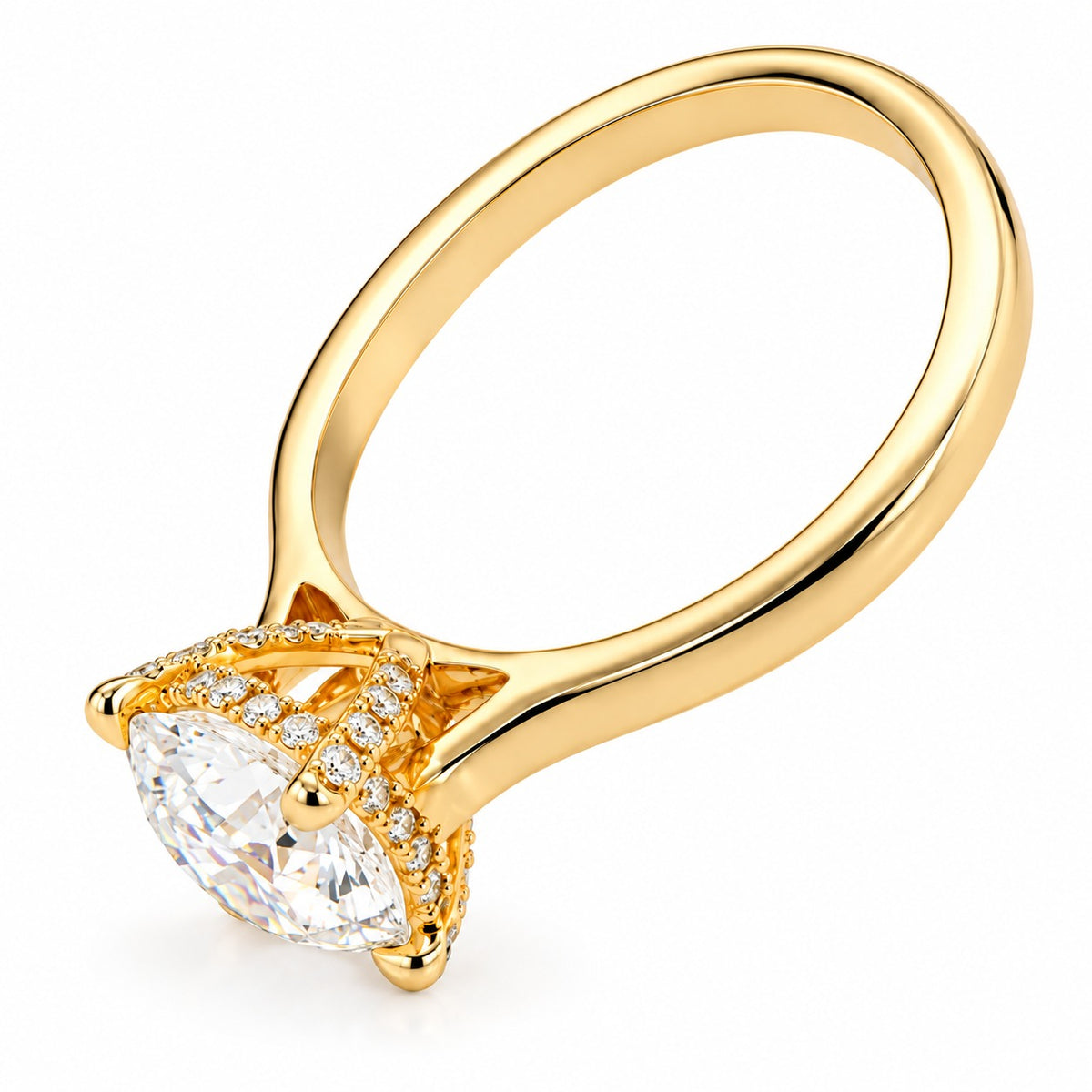 A yellow gold solitaire engagement ring featuring a large pear-cut clear center stone and a halo of small pavé-set diamonds, shown on a clean white background.