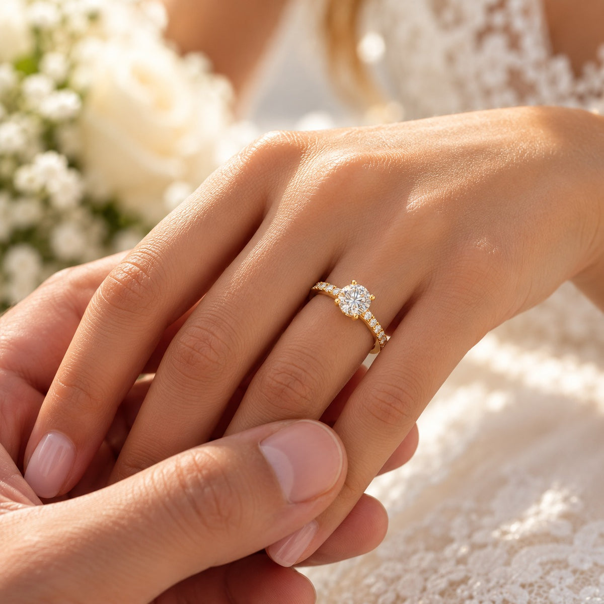 A close-up of a woman's hand wearing a yellow gold ring with a round-cut clear gemstone, held gently by another hand, with a soft white floral and lace background.