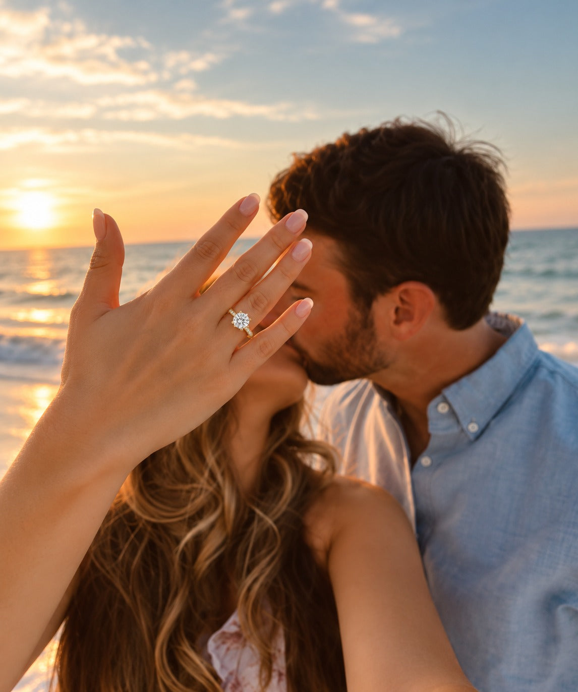 A woman on a beach at sunset shows an engagement ring on her finger as a man kisses her. The ring features a round brilliant-cut diamond set in a four-prong setting.