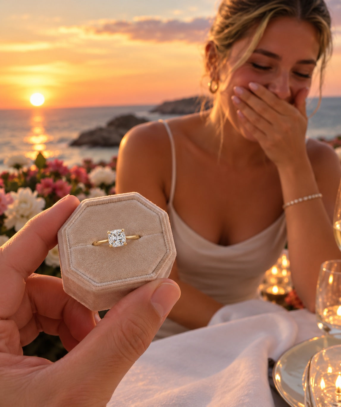 A close-up of a hand holding an octagonal beige ring box with a gold ring featuring a clear solitaire diamond, set against a romantic sunset beach backdrop with a woman in the background.