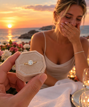A close-up of a hand holding an octagonal beige ring box with a gold ring featuring a clear solitaire diamond, set against a romantic sunset beach backdrop with a woman in the background.