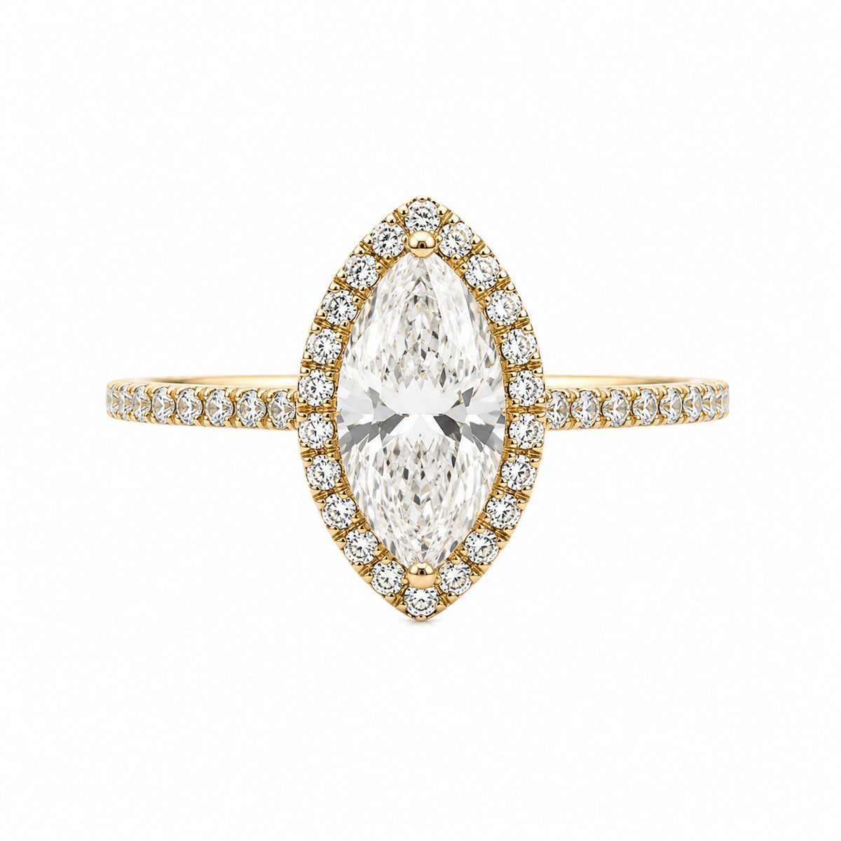 A yellow gold ring featuring a large marquise-cut diamond center stone surrounded by a double halo of smaller round diamonds, with the band adorned with pavé-set diamonds, shown on a solid white background.
