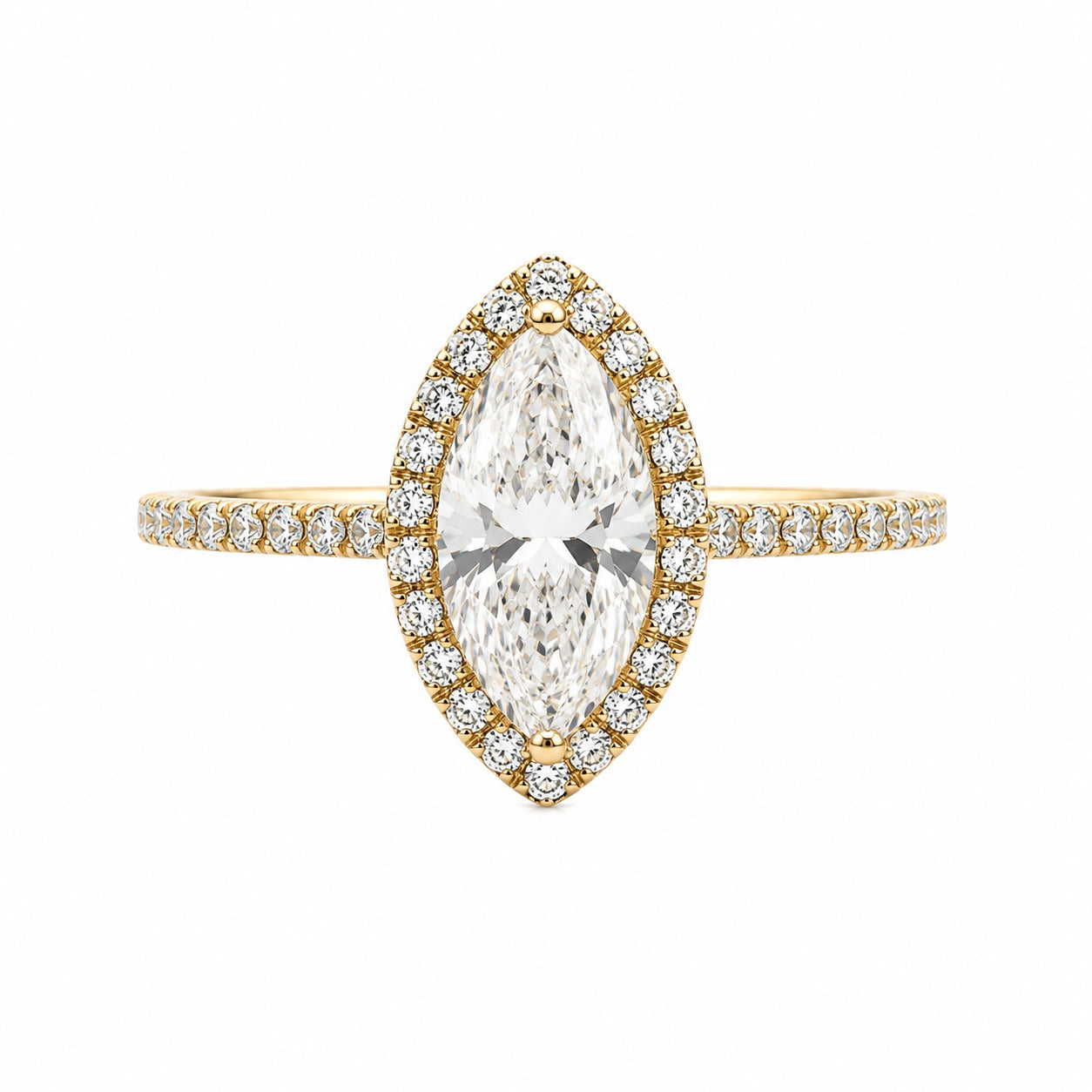 A yellow gold ring featuring a large marquise-cut diamond center stone surrounded by a double halo of smaller round diamonds, with the band adorned with pavé-set diamonds, shown on a solid white background.