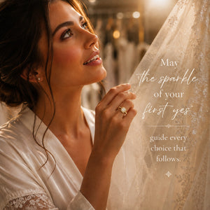 A woman in a white satin robe looks upward while touching a sheer lace bridal veil. She is wearing a ring with a large clear center stone and small side stones.