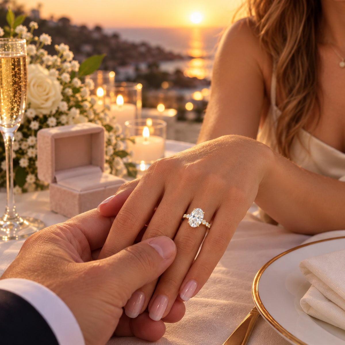 A close-up lifestyle shot of a woman's hand holding a man's hand, wearing a diamond engagement ring with a sparkling band. The setting is a romantic outdoor dining table at sunset with candles, a champagne flute, and a ring box.