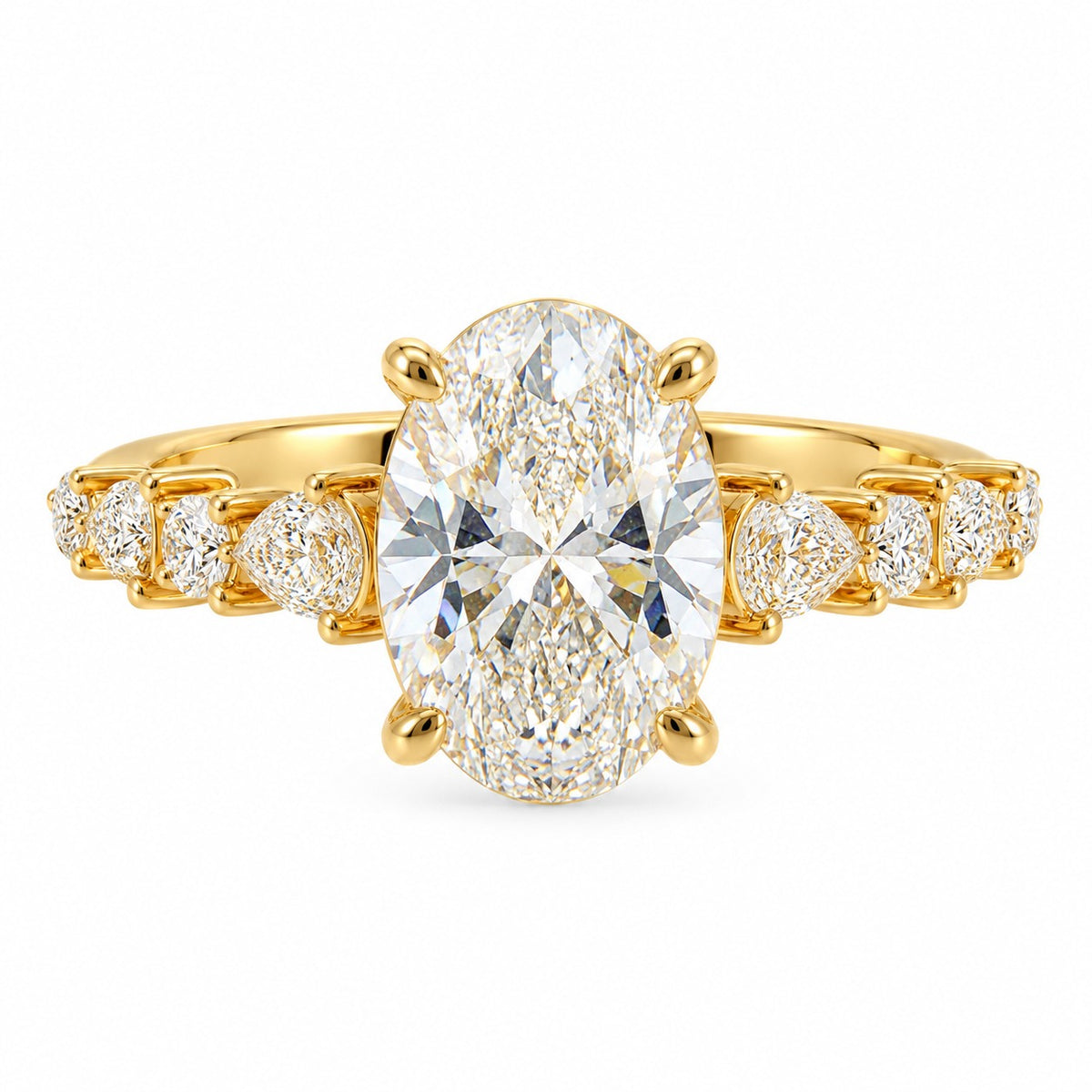 A yellow gold ring featuring a large oval-cut diamond center stone with smaller round and marquise-cut diamonds set along the shoulders, shown on a plain white background.