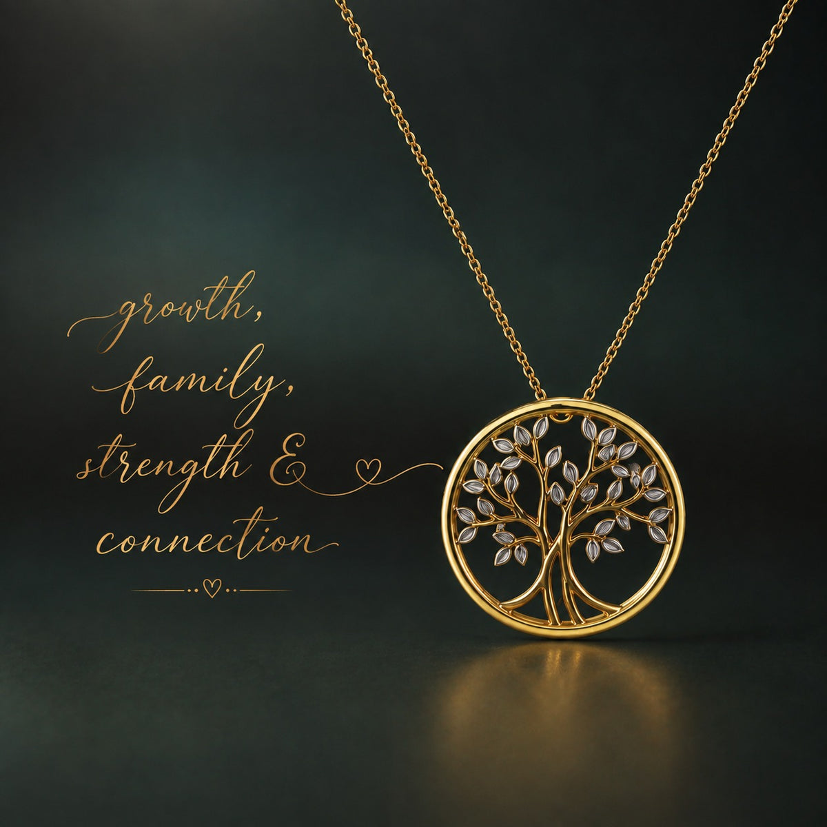 A gold tree-of-life pendant necklace with clear gemstone leaves, displayed on a dark textured background with elegant gold script text reading 'growth, family, strength & connection'.