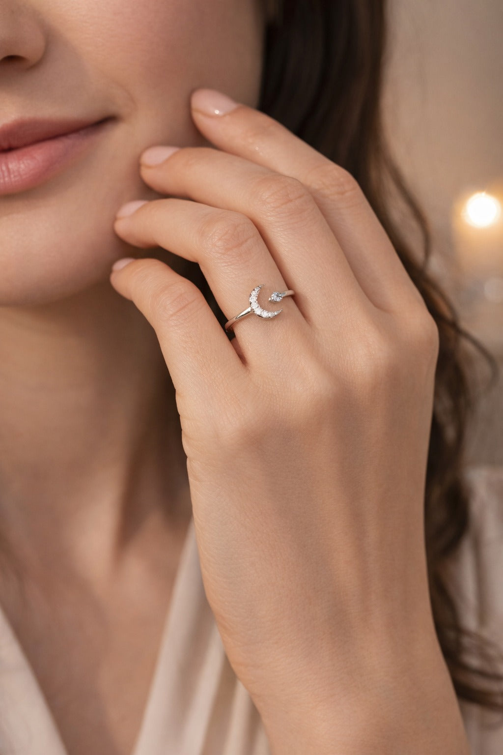 14K White Gold Diamond Crescent Moon Ring