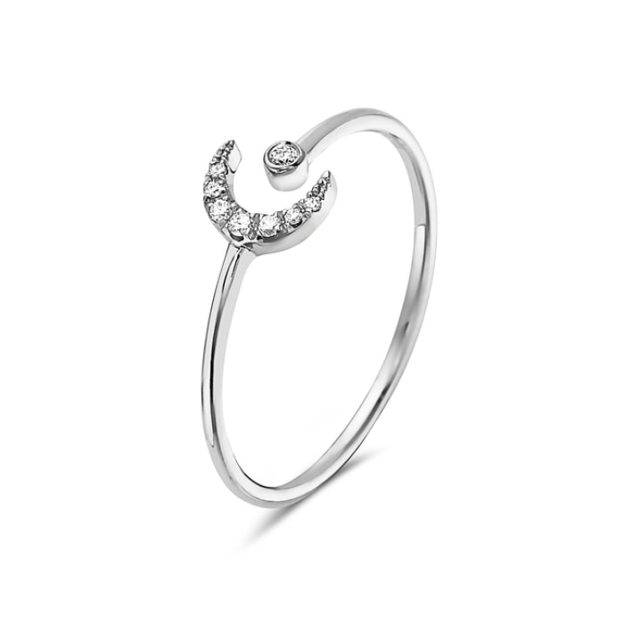 14K White Gold Diamond Crescent Moon Ring