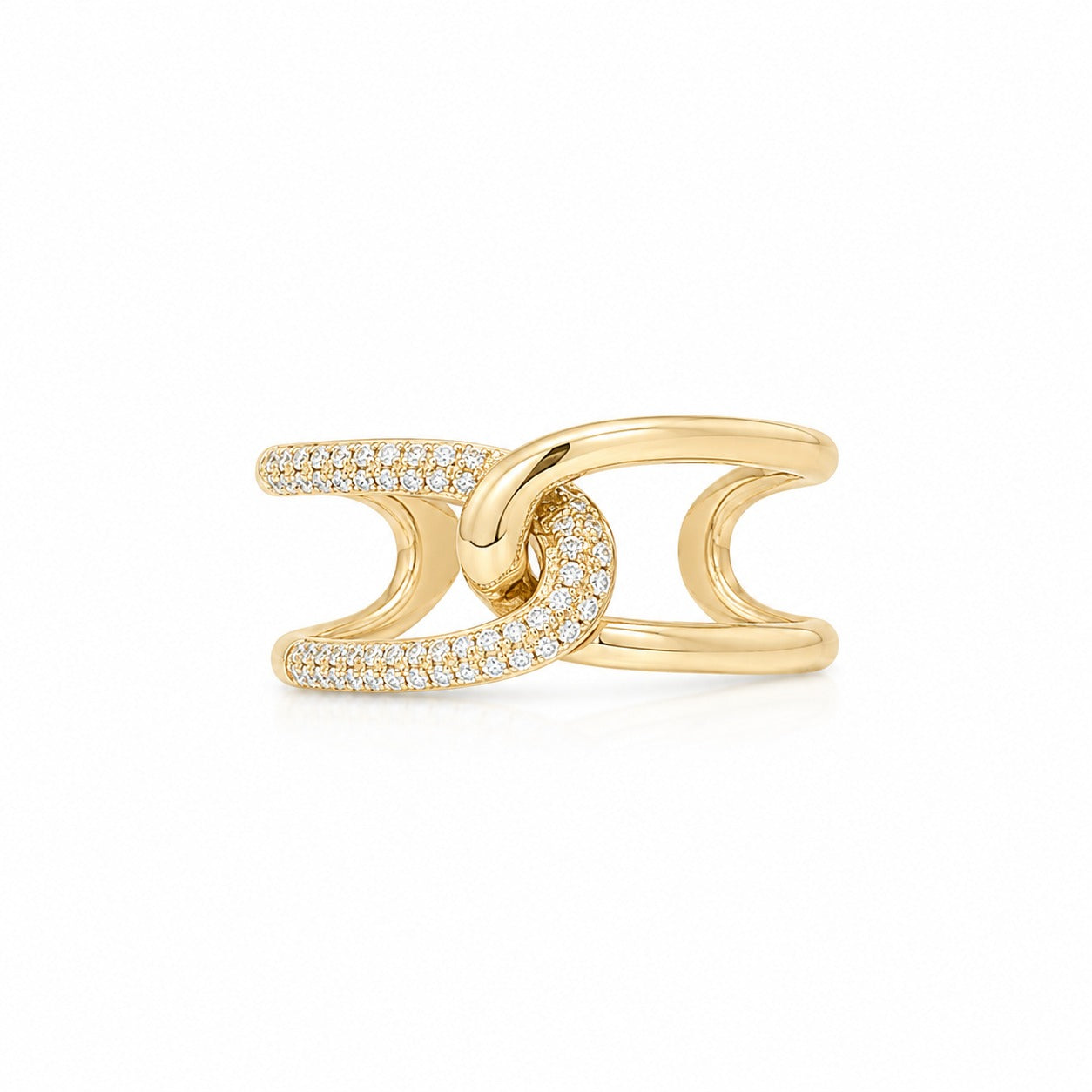 Gold ring with diamond accents on a white background