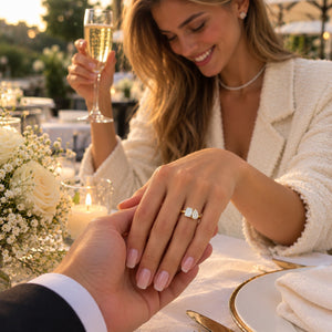 A woman in a cream blazer holds a man's hand while wearing a diamond engagement ring with a heart-shaped center stone. She is smiling and holding a glass of champagne at an outdoor evening reception table decorated with white flowers and candles.