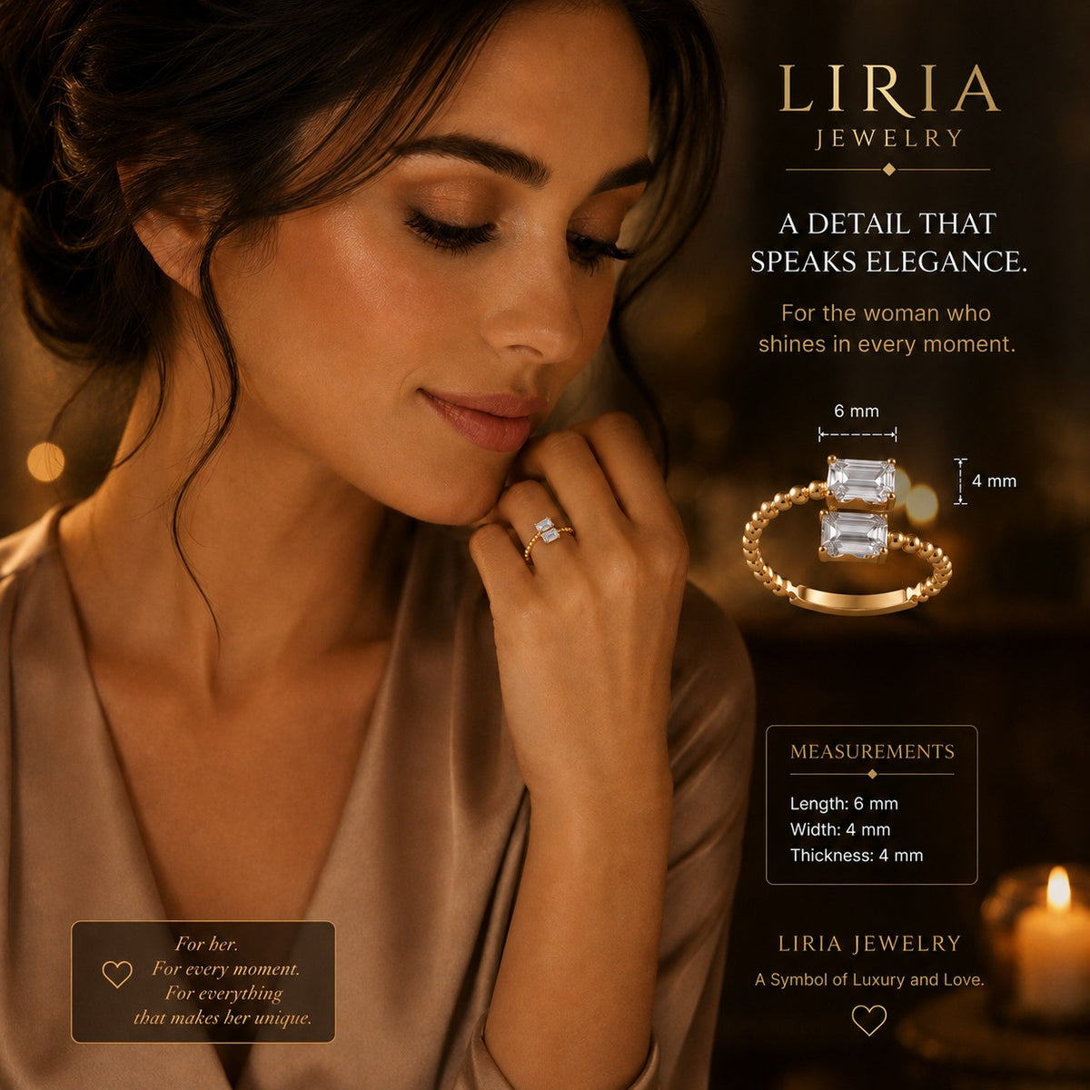 Woman wearing LIRIA jewelry with product details and measurements.