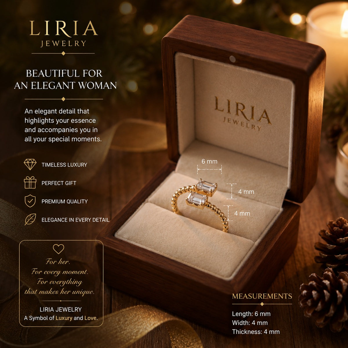 Liria Jewelry ring in a wooden box with product details and measurements.