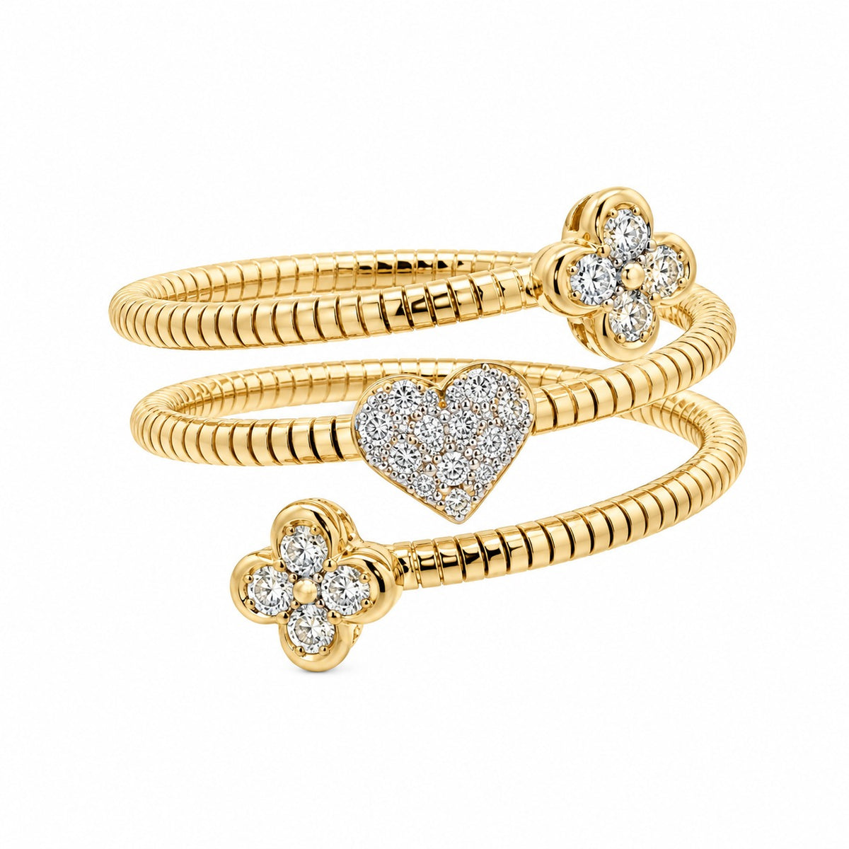 A gold snake-style wrap bracelet featuring a central pavé heart and two flower motifs, each set with clear stones, shown on a plain white background.