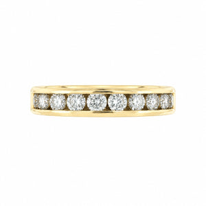 A yellow gold eternity ring featuring a row of round brilliant-cut diamonds set in a polished band, shown against a plain white background.