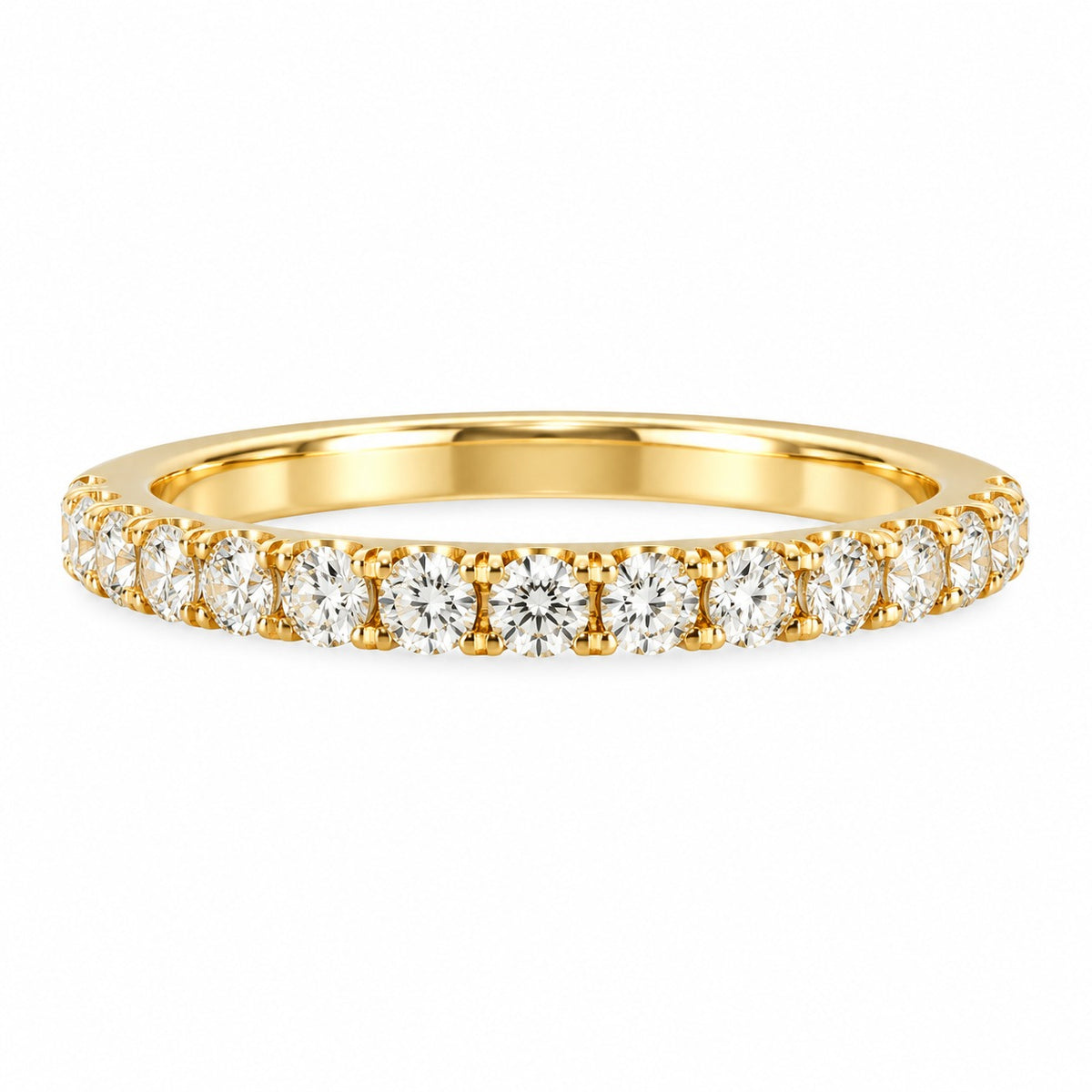 14K yellow gold 0.39 CT lab-grown diamond wedding band featuring 15 brilliant round diamonds in a delicate prong setting with a Comfort Fit interior.