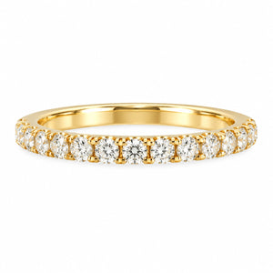 14K yellow gold 0.39 CT lab-grown diamond wedding band featuring 15 brilliant round diamonds in a delicate prong setting with a Comfort Fit interior.