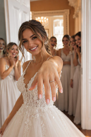 Smiling bride showing her 14K yellow gold 0.39 CT lab-grown diamond wedding band to the camera, surrounded by bridesmaids celebrating her special day.