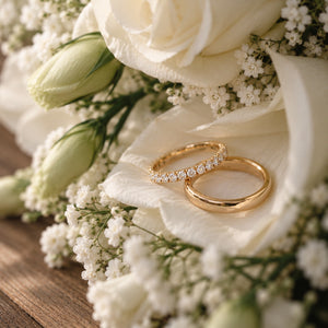 Bride wearing a 14K yellow gold wedding band featuring 13 round lab-grown diamonds totaling 0.51 CT, resting her hand on the groom's black tuxedo during their wedding.