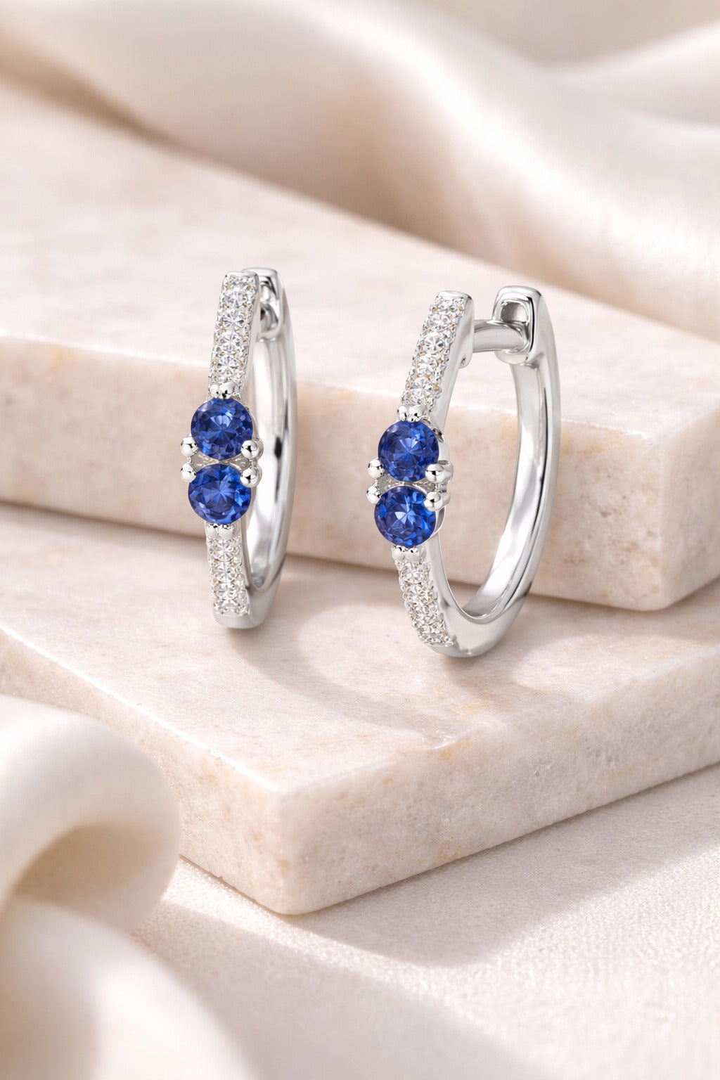 14K White Gold Diamond and Blue Sapphire Huggie Hoop Earrings