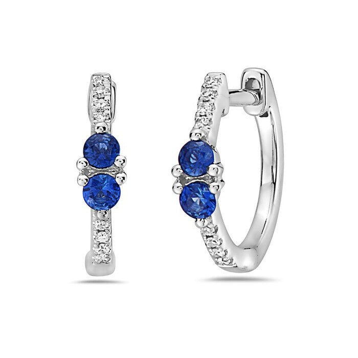14K White Gold Diamond and Blue Sapphire Huggie Hoop Earrings