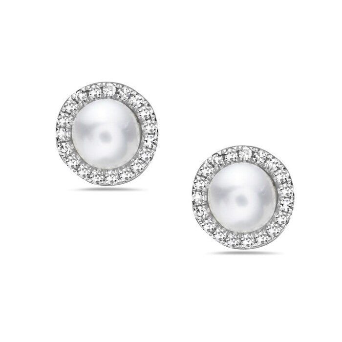 Pearl earrings with silver rims on a white background