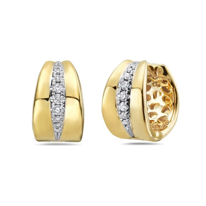 Gold hoop earrings with diamond accents on a white background